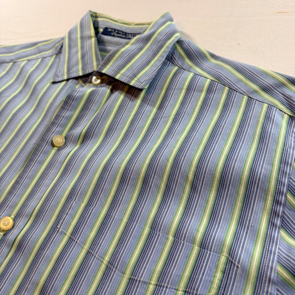 Austin Reed Button Down Shirt Mens Small Blue Green Stripe Cotton English Fit